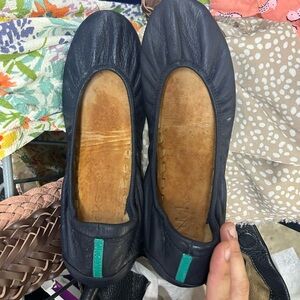 Navy Blue Leather Ballet Flats with Teal Accent